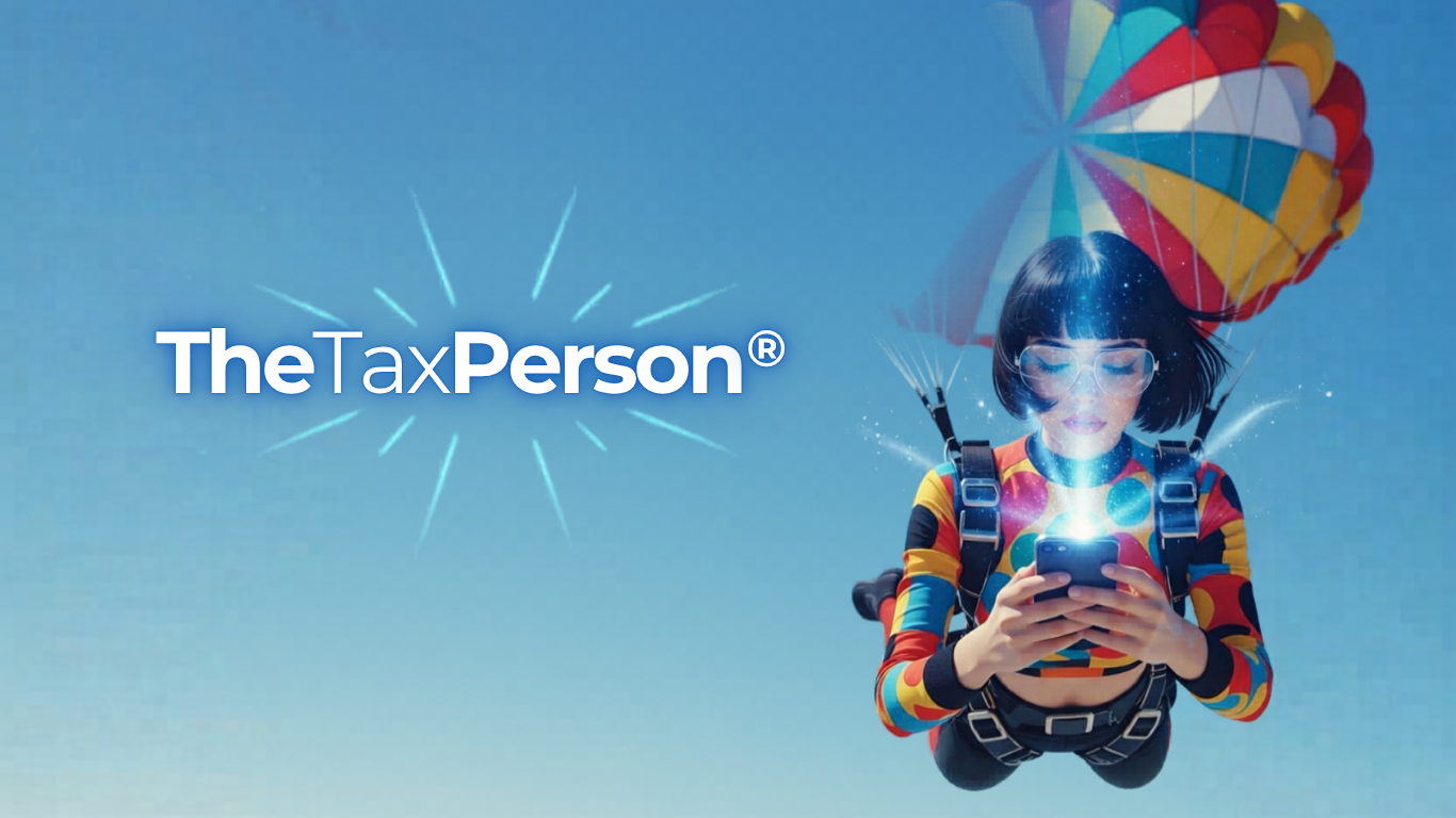 A colorful skydiver checking her phone beneath TheTaxPerson logo