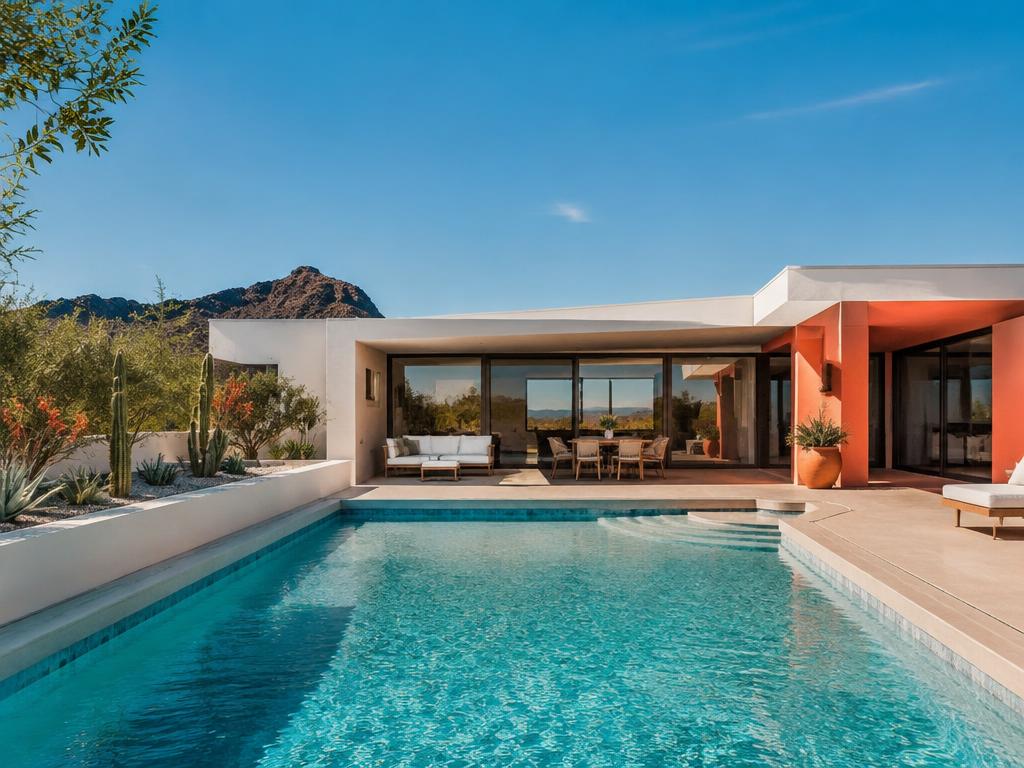 Sunlit desert-modern Arizona home with a turquoise pool